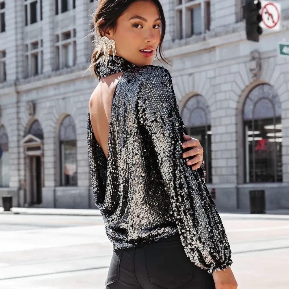 321. Free People Black Sequin Backless Top - Picture 2 of 5